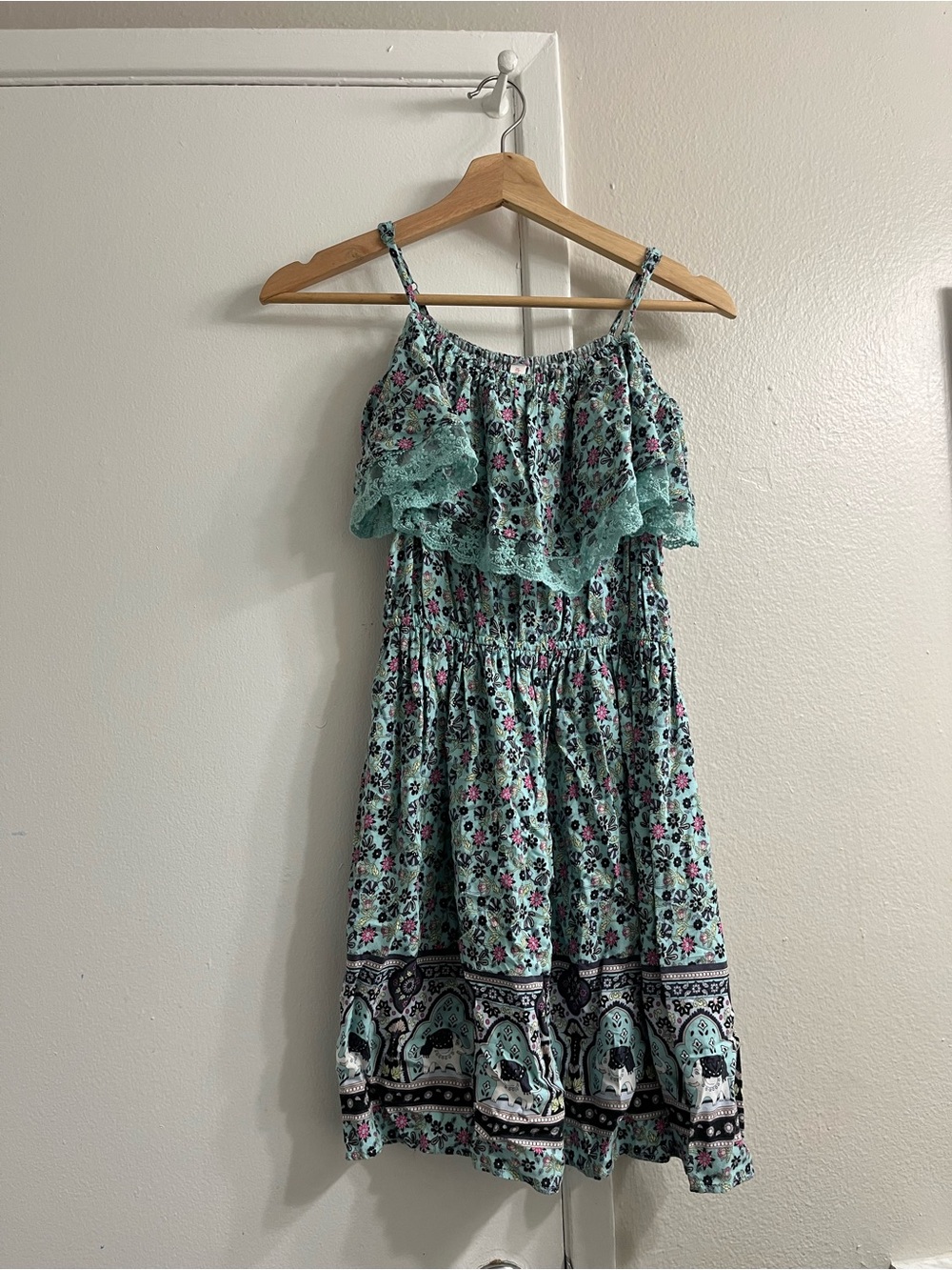 Mint Green Floral Summer Dress with Lace Ruffle